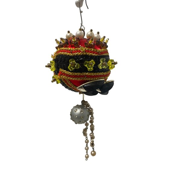 Vintage Hand Made Push Pin Red Satin Faux Pearl Beaded Christmas Ornament Fancy - Picture 1 of 6